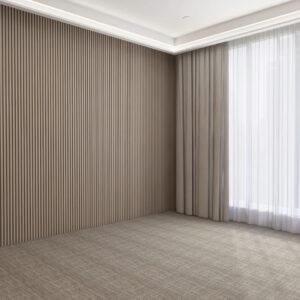 Empty room with brown wood panel wall in sunlight from sheer, beige blackout curtain on black carpet floor for interior design decoration, product background 3D